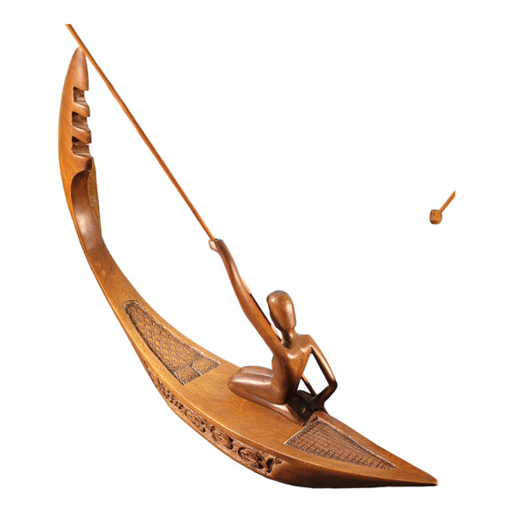 Vintage Rustic Carved Wood Canoe Folk Art Rowboat Fisherman Decor Lakehouse - Picture 11 of 11